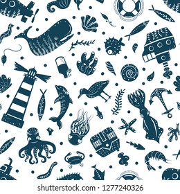 Sea ocean simple styling seamless pattern print. Two color. Print for kids t-shirt and sea style souvenirs. Isolated on white background collection