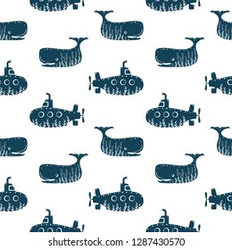 Sea ocean simple styling seamless pattern print. Two color. Print for kids t-shirt and sea style souvenirs. Isolated on white background collection