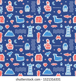 Sea ocean simple styling seamless pattern print. Two color. Print for kids t-shirt and sea style souvenirs. Cut out from paper applique