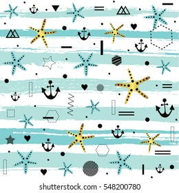 Sea. Ocean. Starfish, anchor. Seamless pattern. All elements are  hidden under mask. Pattern are not cropped and can be edited. Cute vector illustration. Vacation, holiday, travel, summer