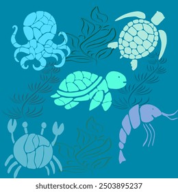 sea ocean stencil art animal set seamless geometric graphic watercolor pastel  artwork deoration vector ethnic simple template wallpaper print fabric pattern doodle 
