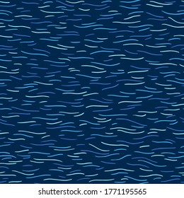 Sea, ocean, stylized river waves seamless repeat vector pattern, texture. Dark blue navy, marine, maritime water background. Wavy tiny hand drawn doodle style lines, stripes, streaks texture.