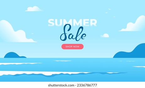 Sea, ocean summer background vector. Beautiful landscape, seascape. Water and sky with clouds. Small waves. Banner or poster. Sale template. Simple cartoon design. Realistic 3d. Illustration eps10.