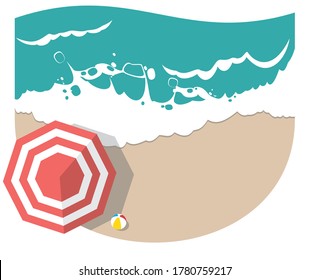 Sea ocean surf. The water foams and washed over the deserted beach. A beach umbrella sits on the sand and casts a shadow. There is a beach ball near the umbrella. Top view of vector summer seascape