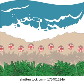 Sea ocean surf. The water foams and washed over the deserted beach. A beach umbrellas sits on the sand and casts a shadow. Palm trees grow on the shore. Top view of vector summer seascape