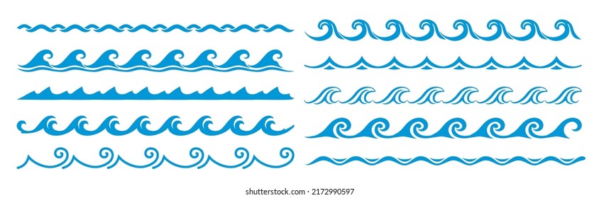 Líneas de olas de surf de mar y océano, bordes y marco de agua azul, patrón vectorial. Bordes de trama ondulada y separadores de línea ondulada con ondas de marea, curvas y curvas de zigzag, bordes lineales y marcos