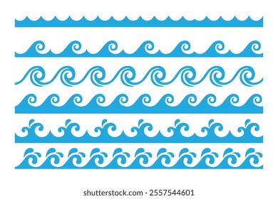 Sea and ocean surf wave lines, blue water waves, vector.