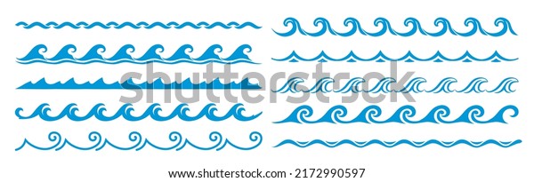 Sea and ocean surf wave lines, blue water borders\
and frame, vector pattern. Wave frame borders and wavy line\
separators with tide ripples, zigzag curves and curls, linear\
boarders and frames