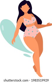 Sea or ocean swimming woman. Holiday floating happy girl, summer swimwear. Beach pool party poster or banner. Woman in bikini swimming, diving and floating on water surface. Flat cartoon retro style