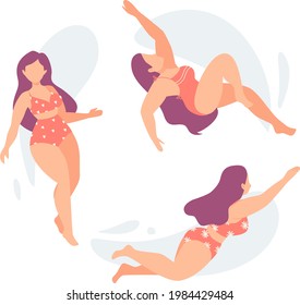 Sea or ocean swimming woman. Holiday floating happy girl, summer swimwear. Beach pool party poster or banner. Woman in bikini swimming, diving and floating on water surface. Flat cartoon retro style