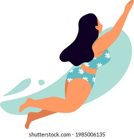 Sea or ocean swimming woman. Holiday floating happy girl, summer swimwear. Beach pool party poster or banner. Woman in bikini swimming, diving and floating on water surface. Flat cartoon retro style
