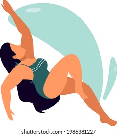 Sea or ocean swimming woman. Holiday floating happy girl, summer swimwear. Beach pool party poster or banner. Woman in bikini swimming, diving and floating on water surface. Flat cartoon retro style