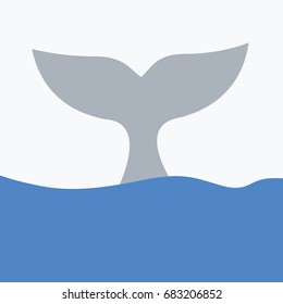sea or ocean symbol flat design style isolated. Whale tail label vector cartoon in the water. big animal print & poster. save the whales