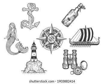 Sea ocean symbols items set sketch engraving vector illustration. T-shirt apparel print design. Scratch board imitation. Black and white hand drawn image.