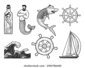 Sea ocean symbols items set sketch engraving vector illustration. T-shirt apparel print design. Scratch board imitation. Black and white hand drawn image.