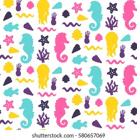 Sea ocean symbols silhouettes sea horse fish starfish cute seamless vector pattern