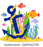 Sea and ocean theme with boat anchor, fish, starfish and corals. Blue ship anchor under the sea. Coral reef, underwater sea life. Ocean aquarium or sea waters with colorful algae seaweed plants.