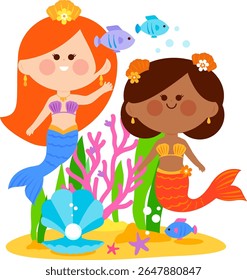 Sea and ocean theme with mermaids, seashell, fish, starfish and corals. Pretty princess mermaids under the sea. Coral reef, underwater sea life. 