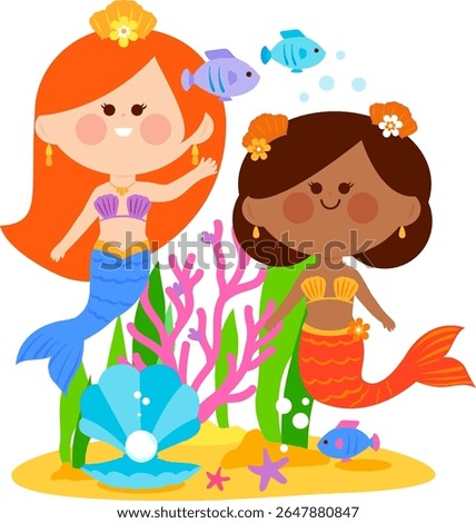 Sea and ocean theme with mermaids, seashell, fish, starfish and corals. Pretty princess mermaids under the sea. Coral reef, underwater sea life. 