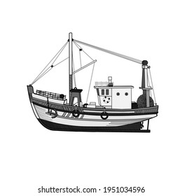 Sea or ocean transport, sea ship for the industrial production of seafood. Commercial fishing boat side view icon. Vector illustration in flat style.