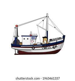 Sea or ocean transport, sea ship for the industrial production of seafood. Commercial fishing boat side view icon. Vector illustration.
