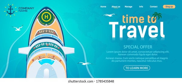 Sea and ocean travel website template. Large cruise ship against the blue sea, top view. 