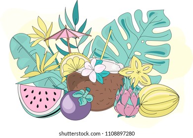Sea Ocean Tropical Summer Vector Colorful Illustration TROPIC FRUITS art projects, prints,T-shirts, posters, bags, scrapbooking, cardmaking, planner stickers, postcards, invitations, fabrics, birthday