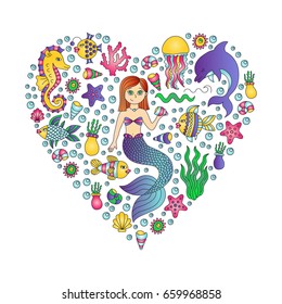 Sea, ocean, under water doodles vector set. mermaid fish