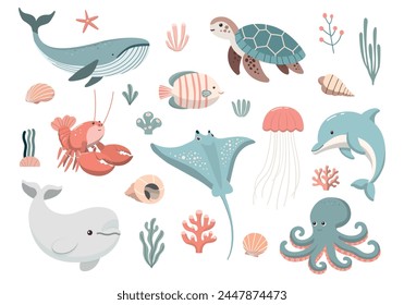 Sea and ocean underwater animals. Cute turtle, whale, dolphin, octopus and other. Childish flat cartoon vector illustration. Isolated on white background