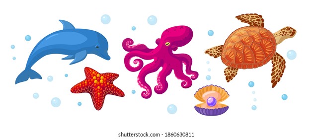 Sea and ocean underwater animals. Different sea animals fish of seafood collection dolphin, pearl clam, starfish, sea turtle, octopus. Sea life, marine animals cartoon vector illustration