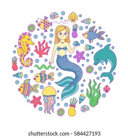 Sea ocean underwater doodles mermaid fish star fish jellyfish sea horse signs round vector set