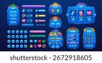 Sea and ocean underwater game interface. Cartoon coral reef and seaweed GUI vector elements. UI game asset of cartoon blue sign boards, menu panels and banners, seashell, starfish and lifebuoy buttons