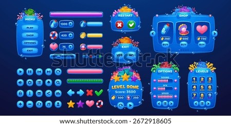 Sea and ocean underwater game interface. Cartoon coral reef and seaweed GUI vector elements. UI game asset of cartoon blue sign boards, menu panels and banners, seashell, starfish and lifebuoy buttons