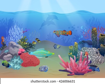 Sea ocean underwater landscape scene with colorful exotic fish, plants and coral reef.