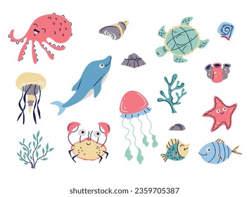 Sea ocean underwater life cute animals characters isolated set. Vector graphic design illustration