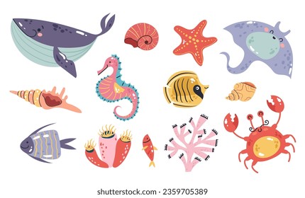 Sea ocean underwater life cute animals characters isolated set. Vector graphic design illustration