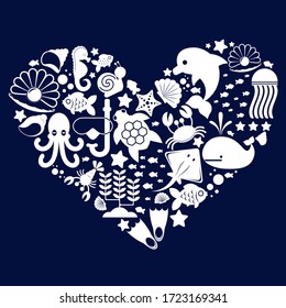 A sea or ocean of underwater life with different animals and marine objects united in a heart shape. Vector clip art.