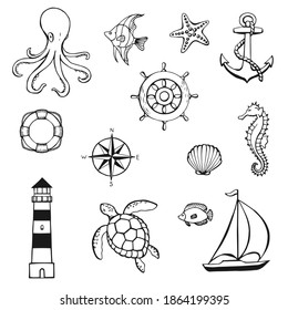 Sea or ocean underwater life with different animals and marine objects. Concept elements. Vector illustration in hand drawn style.