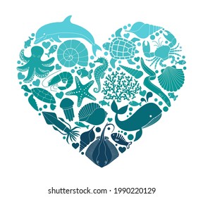 A sea or ocean of underwater life with different animals and marine objects united in a heart shape.