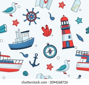 Sea or ocean underwater life with different animals and marine objects. Vector pictures in hand drawn style