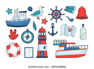 Sea or ocean underwater life with different animals and marine objects. Vector pictures in hand drawn style