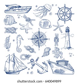 Sea or ocean underwater life with different animals and marine objects. Vector pictures in hand drawn style