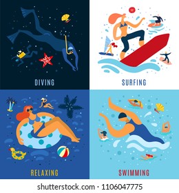 Sea ocean vacation activities concept 4 colorful icons set with relaxing diving swimming surfing abstract vector illustration 