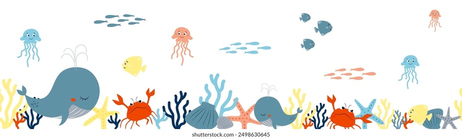 Sea or ocean vector seamless horizontal long background with whale, fishes, crabs, corals, sea stars, shells and jelly fishes.