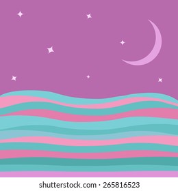 Sea Ocean water with blue pink waves violet sky and halfmoon stars background Abstract underwater landscape Flat design Vector illustration