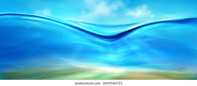 Sea or ocean water level with blue clean aqua surface, underwater depth with bubbles and sun rays, sand bottom and sky with clouds background textures. Realistic vector illustration of marine horizon.