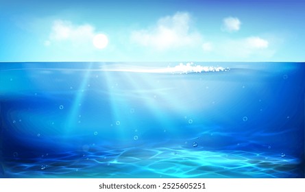 Sea or ocean water. Sun rays and water. Horizon with sky and waves. Wallpaper and art, natural panorama landscape. Beautiful natural seascape. Realistic vector illustration