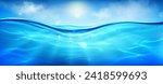 Sea or ocean water surface level with underwater with bubbles, sun rays and sky with clouds background textures. Realistic vector of blue undersea aqua with waterline horizon in clean river or lake.