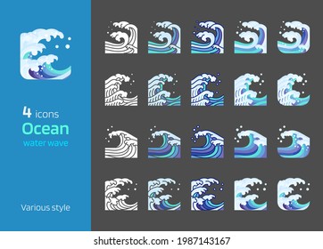 Sea and ocean wave icon various style vector illustration. Colored line,silhouette,flat design,detailed glossy. Square composition.