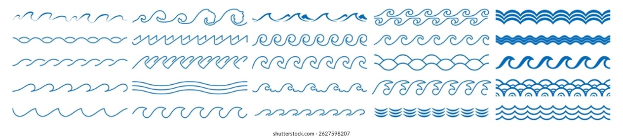 Sea and Ocean Wave Icons Pattern Set. Black and Blue Water Wave Shapes, Line Patterns, Splash Symbols, Nautical Vector Logos on Transparent Background